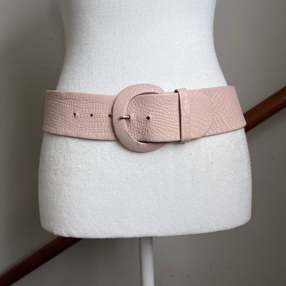 Vintage 80s Pink Statement Waist Belt Faux Croc Embossed Wide Thick Leather